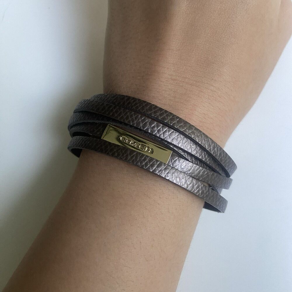 COACH Multi-Wrap Leather Bracelet Snakeskin-Embossed Metallic Gray Gold Hardware